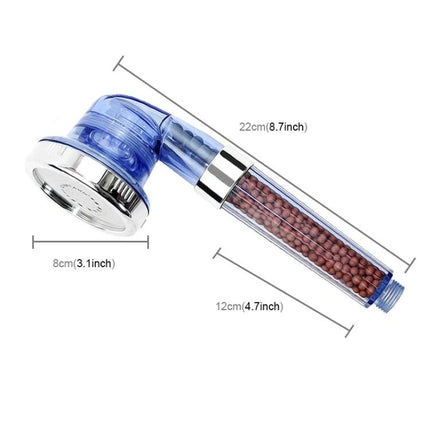 Adjustable Shower Head for Everyday Home Bathroom Use with filtration beads and multiple spray settings, clear blue handle and chrome head