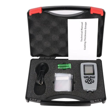 RZ Handheld Paint Thickness Gauge for Coating Measurement in foam case with probe, manual and accessories