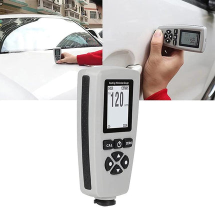 RZ Handheld Paint Thickness Gauge for Coating Measurement measuring 120 µm on a car panel, portable coating inspection device