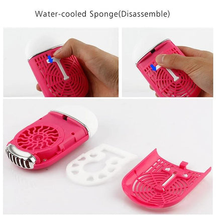 Compact Portable USB Handheld Cooling Fan for Daily Use showing water-cooled sponge disassembly and removable pink casing