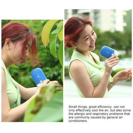 Compact Portable USB Handheld Cooling Fan for Daily Use - woman using blue handheld USB fan outdoors, compact portable cooling for commuting and outdoor events