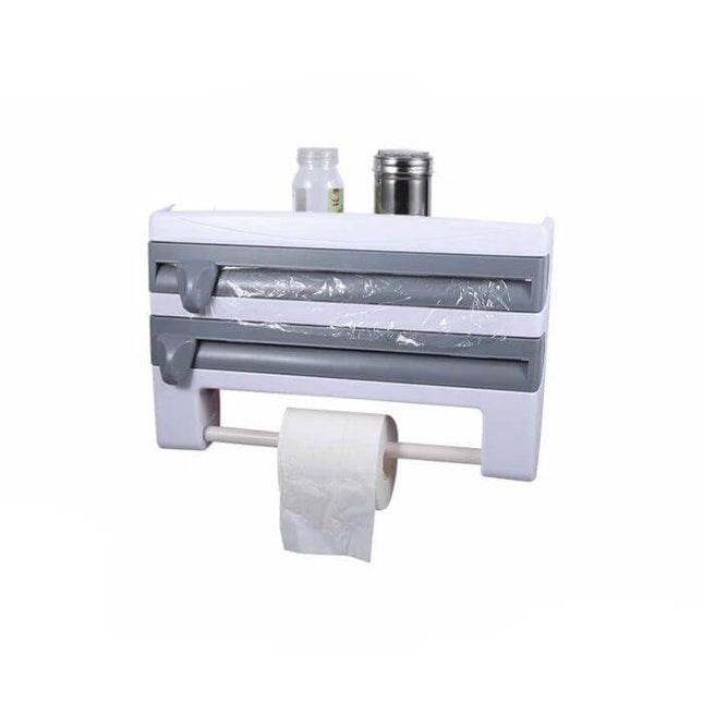 Kitchen Cling Film Holder Wall Mounted, Grey for Easy Wrapping - wall-mounted grey organizer holding cling film, foil and paper towel roll