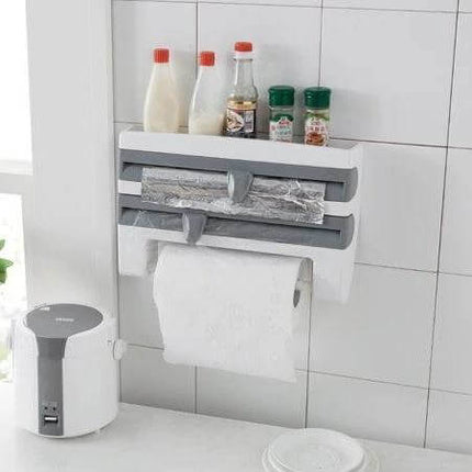 Kitchen Cling Film Holder Wall Mounted, Grey for Easy Wrapping mounted on tiled kitchen wall holding cling film, foil, paper towel and small seasonings