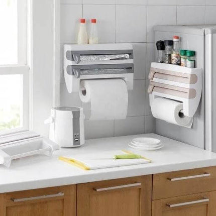 Kitchen Cling Film Holder Wall Mounted, Grey for Easy Wrapping on tiled kitchen wall holding cling film, foil and paper towel rolls