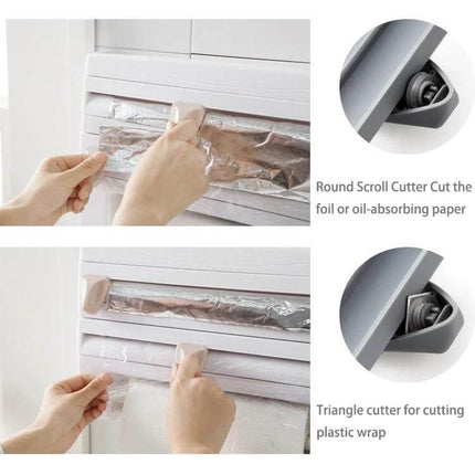 Kitchen Cling Film Holder Wall Mounted, Grey for Easy Wrapping - wall-mounted grey cling film and foil dispenser with cutter and shelf