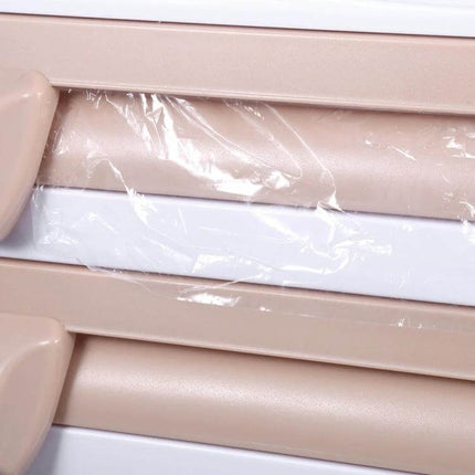 Kitchen Cling Film Holder Wall Mounted, Grey for Easy Wrapping - close-up of grey wall-mounted dispenser with cling film and cutting edge