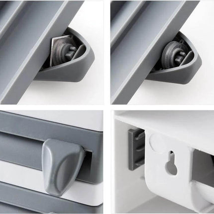 Kitchen Cling Film Holder Wall Mounted, Grey for Easy Wrapping showing grey cutter wheel, sliding stopper and wall-mount keyhole detail