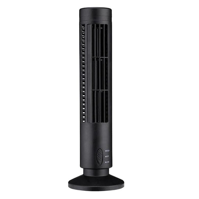 Portable Tower-Shaped USB Electric Fan for Daily Cooling in black compact tower on desk, USB-powered steady airflow for small spaces
