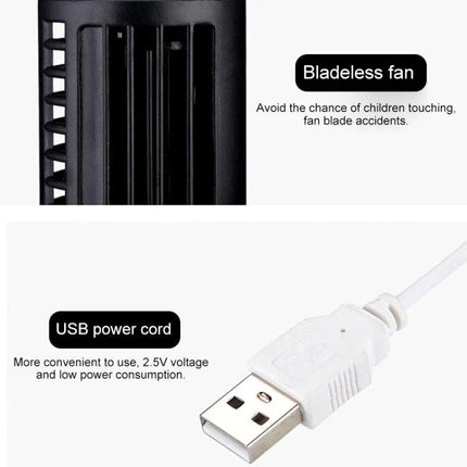 Portable Tower-Shaped USB Electric Fan for Daily Cooling showing bladeless tower and USB power cord