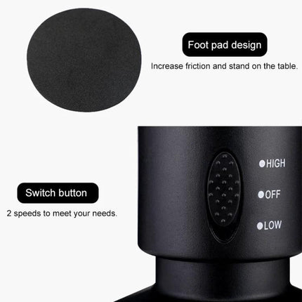 Portable Tower-Shaped USB Electric Fan for Daily Cooling showing foot pad and two-speed switch close-up
