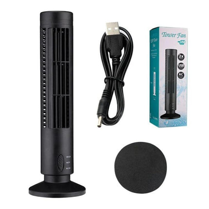 Portable Tower-Shaped USB Electric Fan for Daily Cooling shown with USB cable, round base and retail box in compact black tower design