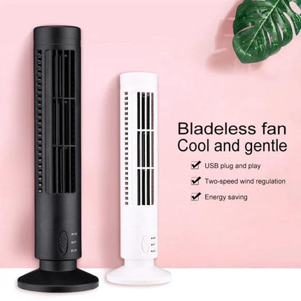 Portable Tower-Shaped USB Electric Fan for Daily Cooling - compact bladeless USB tower fan in black and white for desk, travel, energy-saving use
