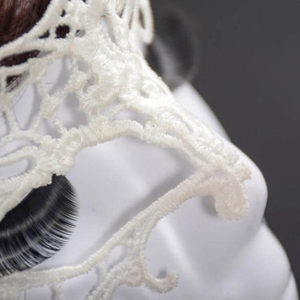Face Lace Mask For Halloween Masquerade Semi-Eyed Elegant Party Accessory - close-up of white handmade lace mask detail on mannequin with strap