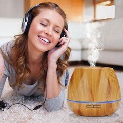 Wood Grain Ultrasonic Humidifier with LED Night Light and Remote Control - 400mL Capacity (Light Peach Color)