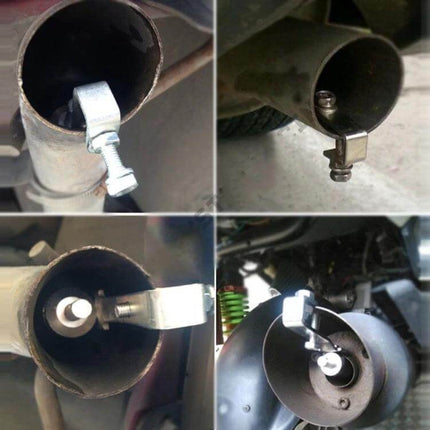 Universal Aluminum Turbo Sound Exhaust Muffler Pipe Whistler, Size L installed in vehicle exhaust showing clamp and whistle