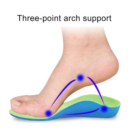 Children PU XO Leg Corrective Insole For Daily Wear Size 21cm showing three-point arch support, velvety breathable surface and lightweight PU cushioning