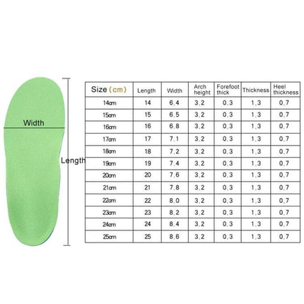 Children PU XO Leg Corrective Insole For Daily Wear Size 21cm green children's insole with size chart showing length width arch and thickness measurements