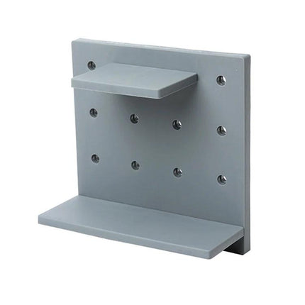 A Versatile Wall Shelf for Home Storage and Organization - gray PP pegboard-style shelf holding toiletries and spices, easy no-drill storage solution