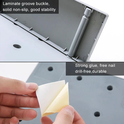 A Versatile Wall Shelf for Home Storage and Organization showing adhesive backing and grooved buckle installation details