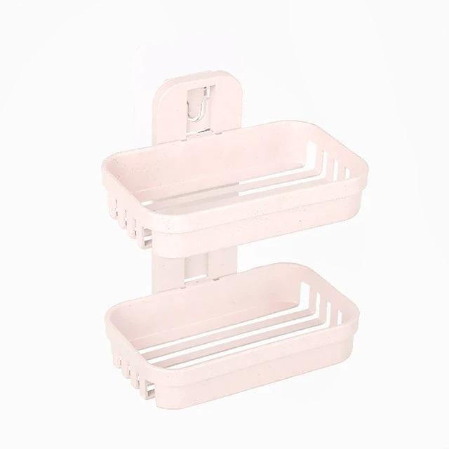 Bathroom Wall Shelf for Daily Soap and Essentials Organization - wall-mounted 2-tier pink PP organizer for shampoo and soap