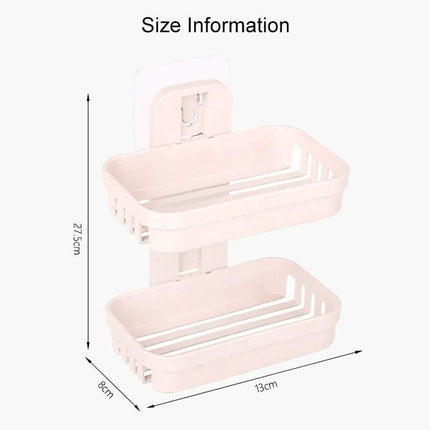 Bathroom Wall Shelf for Daily Soap and Essentials Organization - compact 2-tier pink adhesive shelf 27.5cm high, 13x8cm trays, no-drill PP organizer