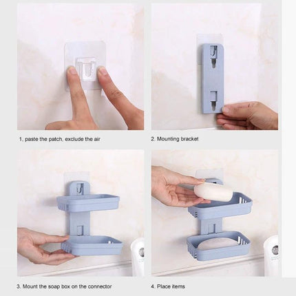 Bathroom Wall Shelf for Daily Soap and Essentials Organization - adhesive two-tier PP soap and shampoo organizer being mounted step-by-step