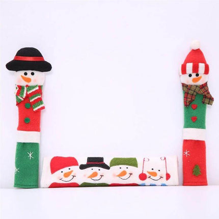 Christmas Style Door Handle Covers 23x14cm Set for Fridge - three snowman-themed fabric handle covers protecting fridge handles from fingerprints