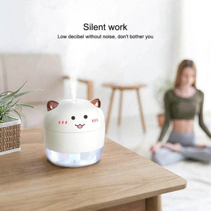 Devil Atomizing Humidifier With Colorful Night Lights on desk with cute cat design and soft LED glow, compact portable 200mL silent humidifier