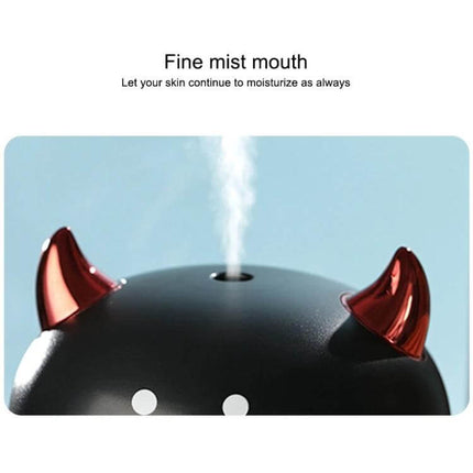 Devil Atomizing Humidifier With Colorful Night Lights - compact desk humidifier emitting fine mist from top with red devil horns