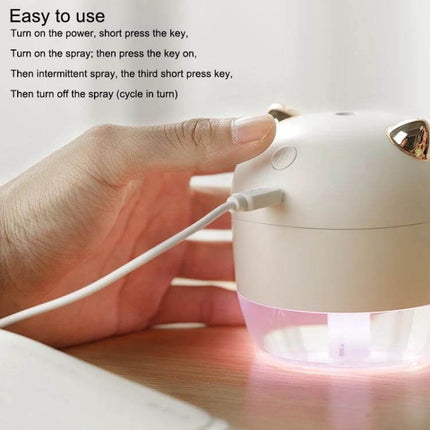 Devil Atomizing Humidifier With Colorful Night Lights showing USB-powered compact design, night light glow, easy-fill tank and one-button control