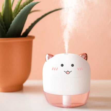Devil Atomizing Humidifier With Colorful Night Lights compact cute cat design on desk emitting mist, 200mL portable travel-friendly humidifier