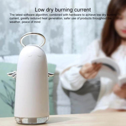 Mini Angel Atomizing Humidifier With Colorful Night Lights on desk, compact white 230mL humidifier with angel wings and night light