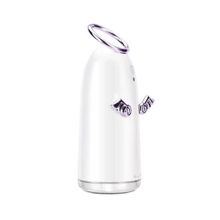 Mini Angel Atomizing Humidifier With Colorful Night Lights shown on a desk, compact white design with 230 mL tank and soft colorful night light