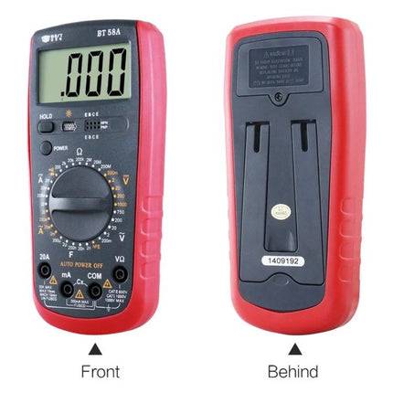Versatile Digital Multimeter for Everyday Electrical Testing - red handheld meter showing front LCD and back battery cover