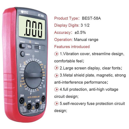 Versatile Digital Multimeter for Everyday Electrical Testing, compact red handheld meter with large LCD and rotary dial