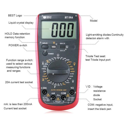 Versatile Digital Multimeter for Everyday Electrical Testing - handheld multimeter with large LCD, rotary switch, voltage/current/resistance sockets, red casing