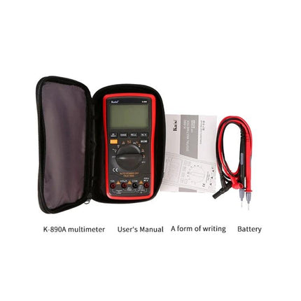 Kaisi Handheld Digital Multimeter for Electrical Measurements showing meter in case with probes and manual, 21mm supersized screen for clear readings