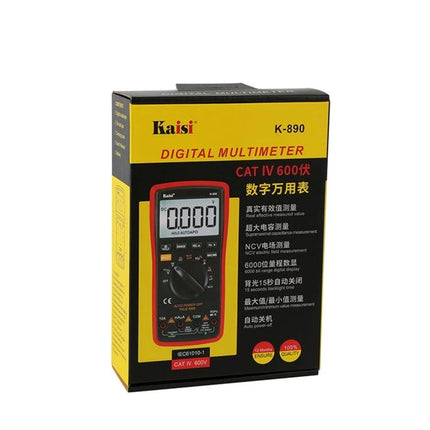 Kaisi Handheld Digital Multimeter for Electrical Measurements in retail box showing 21mm supersized screen and features