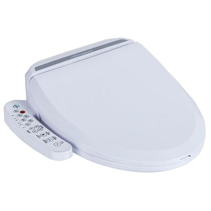 Automatic Smart Toilet Seat with Flushing and Drying white bidet seat with control panel, automated cleaning, drying and comfort features