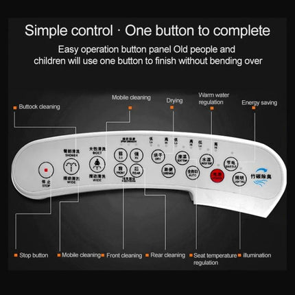 Automatic Smart Toilet Seat with Flushing and Drying control panel showing one-button operation and labeled cleaning/drying functions