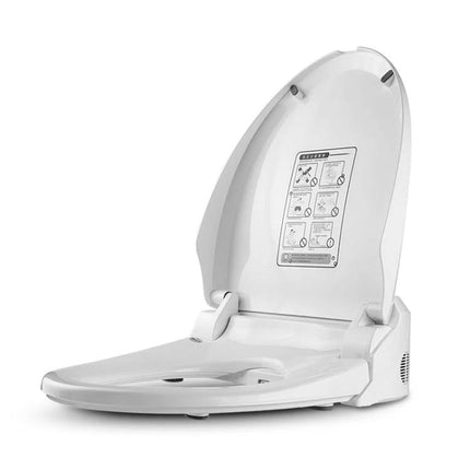 Automatic Smart Toilet Seat with Flushing and Drying — white automatic bidet seat open showing controls and lid instructions