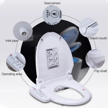 Automatic Smart Toilet Seat with Flushing and Drying showing white bidet seat, control panel, seat sensor, inlet pipe and flip shaft