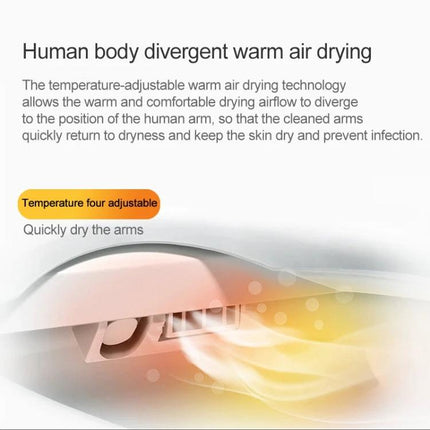 Automatic Smart Toilet Seat with Flushing and Drying showing warm air drying vent and adjustable temperature for quick arm drying and comfort