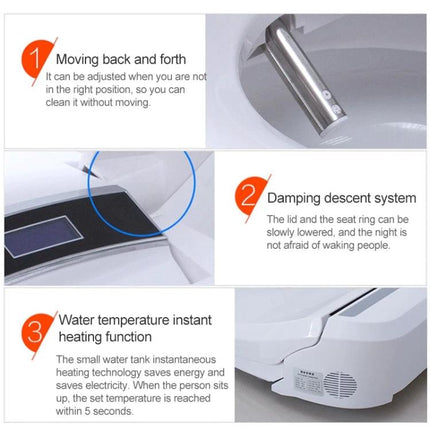 Automatic Smart Toilet Seat with Flushing and Drying showcasing moving nozzle, damping descent lid, and instant water heating features