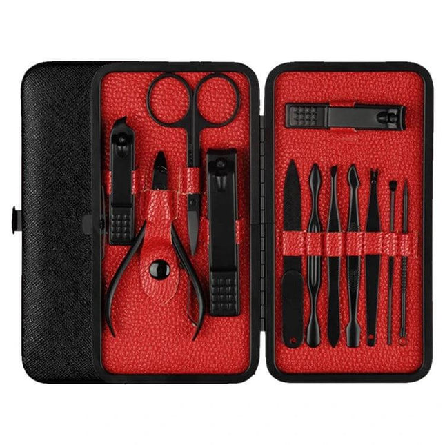 12 In 1 Nail Care Clipper Kit With Leather Case, Red-Black compact travel manicure set neatly arranged in open red-black case