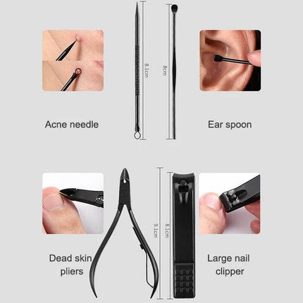 12 In 1 Nail Care Clipper Kit With Leather Case, Red-Black showing acne needle, ear spoon, dead skin pliers and large nail clipper in black case