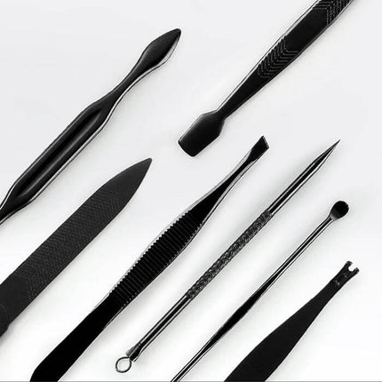 12 In 1 Nail Care Clipper Kit With Leather Case, Red-Black showing black manicure tools (tweezers, files, cuticle pusher) neatly arranged