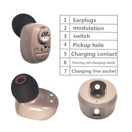 KAIXINWEI In-Ear Bluetooth Hearing Aid for Daily Conversations compact beige hearing aid with earplugs modulation switch and charging stand