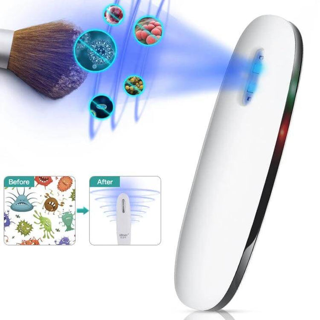 Portable UVC LED Light Sterilizer Handheld Disinfection Lamp disinfecting makeup brush and surfaces with dual UV-C LEDs, portable 3–8 cm use