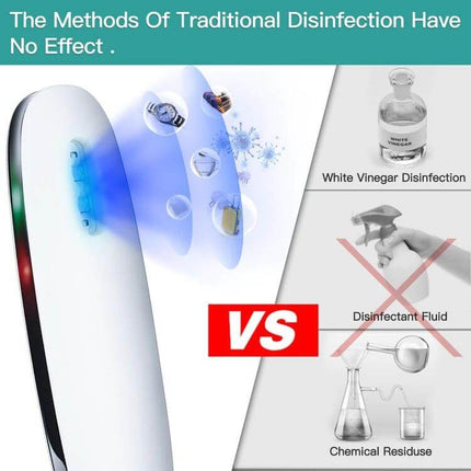 Portable UVC LED Light Sterilizer Handheld Disinfection Lamp demonstrating fast contactless surface sterilization vs vinegar and chemicals